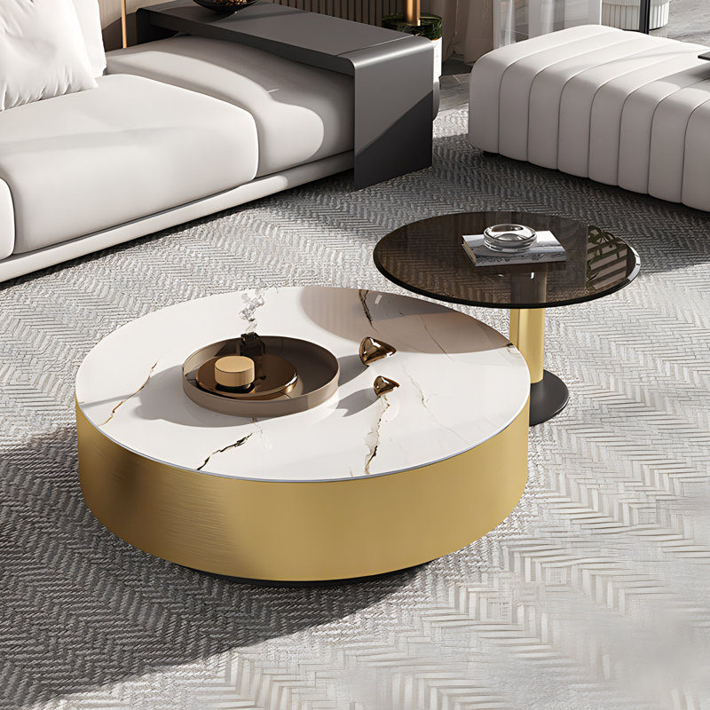 Ninah No-Assembly Required, Modern Light Luxury Round Nesting Coffee Table With 1 Drawer, Glass Rock Panels