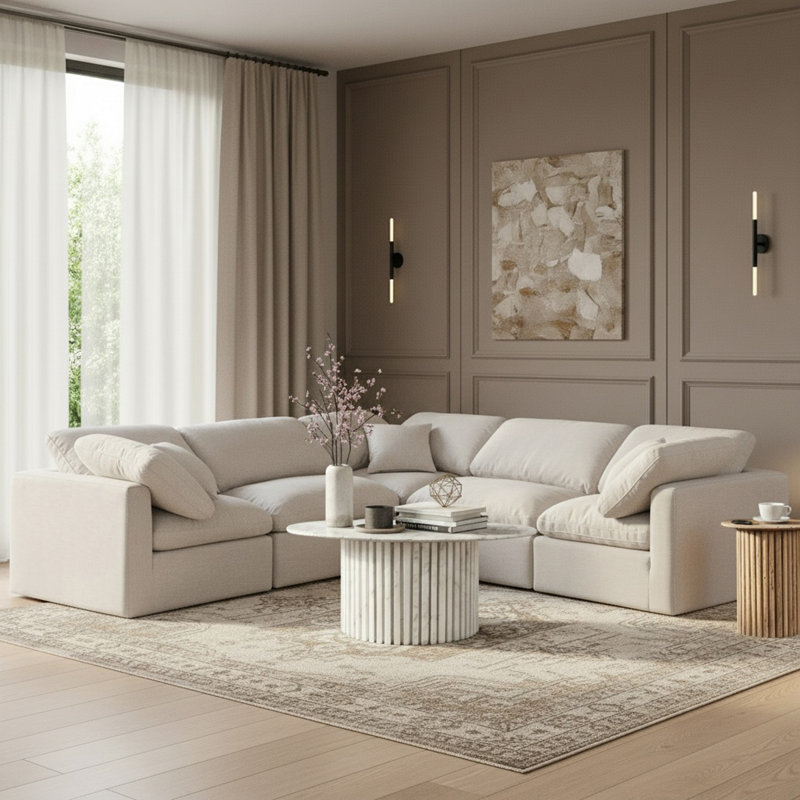 Canapé modulaire en coin 5 pièces Hinami, Tissu crème texturé en lin