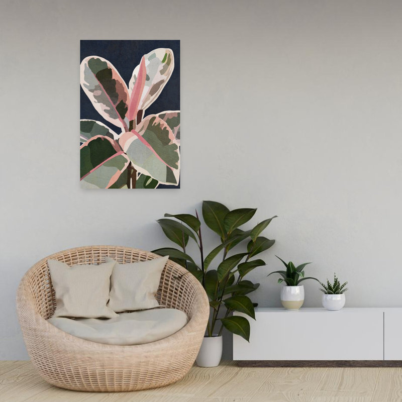 Bleu marine et rose plante abstraite contemporaine élégante rose nature plante murale, 24" H x 16" W