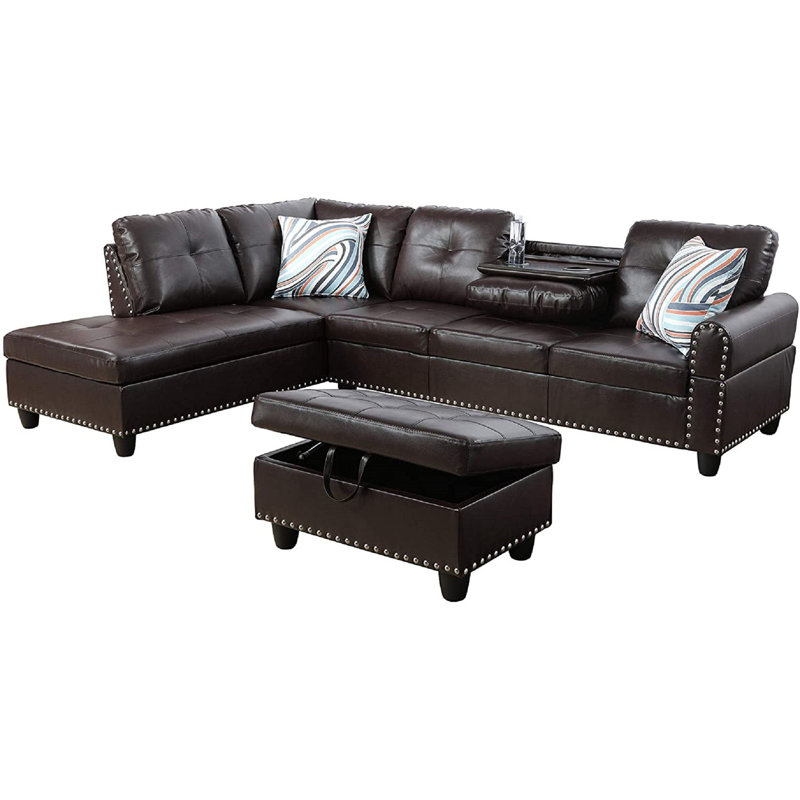 Plyler 97.2" Wide Modular Sectional with Ottoman, Left Hand Facing, Brown Faux Leather