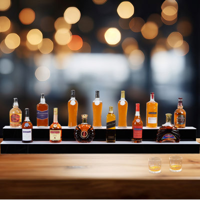 Comptoir de porte-bouteilles éclairé à DEL, porte-bouteilles de vin, étagère à bouteilles de boissons alcoolisées, support à whisky en acrylique à 2 niveaux de 60 pouces avec télécommande et contrôle d'application, alimenté par USB pour un bar à domicile et un usage commercial