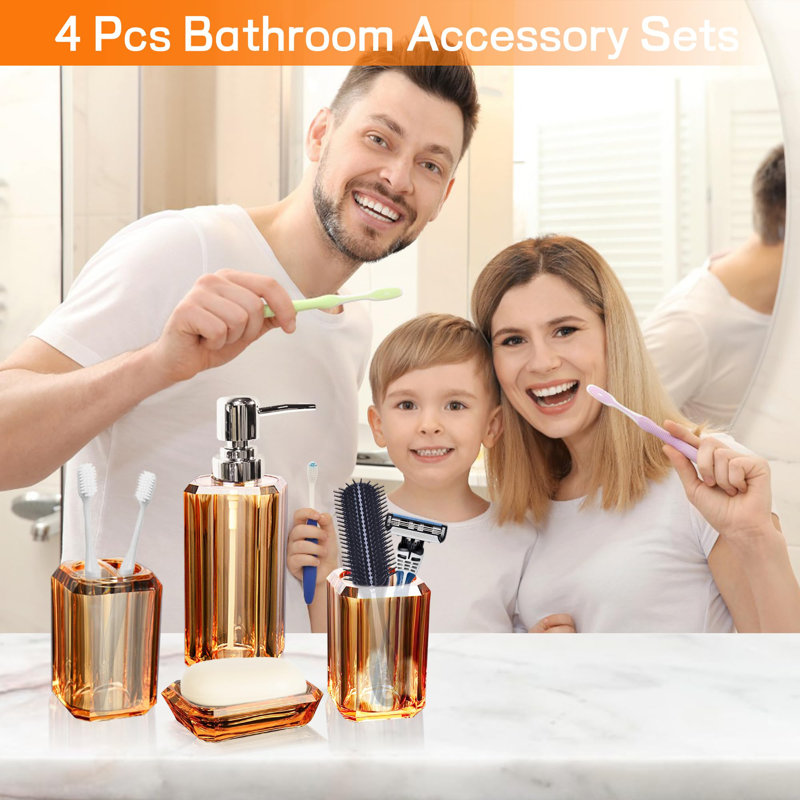 Ensemble complet d'accessoires de salle de bain en acrylique 4 pièces avec distributeur de savon, gobelet, porte-savon, porte-brosse à dents, ensembles de décoration de salle de bain orange