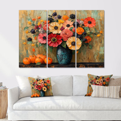 Orange And Pink Flowers Harvest Delights - Flowers Wall Art Living Room Set