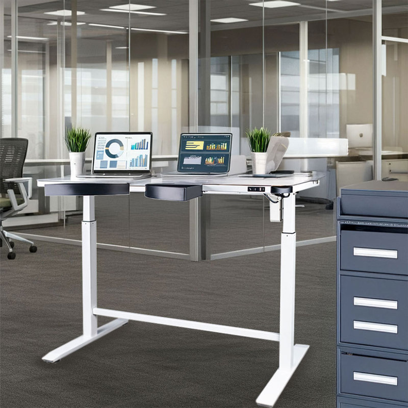 Electric Height Adjustable Sit-Stand Glass Desk with Pivot Drawers for Home Office, Single Motor, White