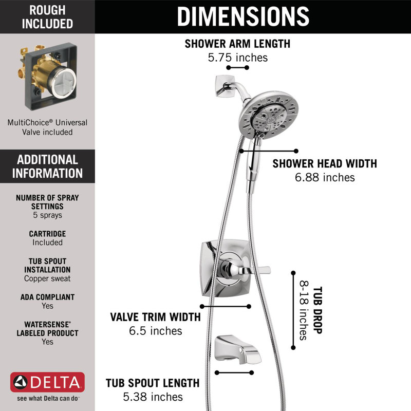 Vesna Single-Function Tub Shower Faucet Set, Shower Trim Kit with In2ition Shower Head and Valve, Chrome