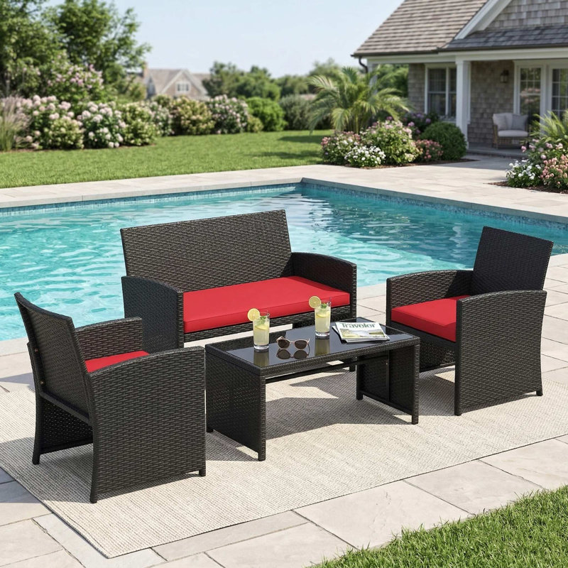 4-Piece All-Weather Patio Conversation Furniture Set, 3 Upholstered Seats With Removable Washable Cushions, 1 Side Table With Scratch-Resistant Tempered Glass Tabletop