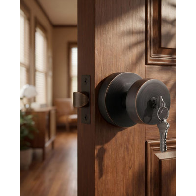 Poignées de porte extérieures en bronze huilé, poignée de porte d'entrée à clé en alliage de zinc et bronze avec serrure, poignée de porte avec serrure et clé, boule ronde robuste (1 paquet)