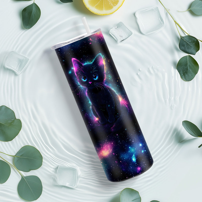 20 oz Gobelet en acier inoxydable à double paroi isolé sous vide avec couvercle et paille, galaxie néon