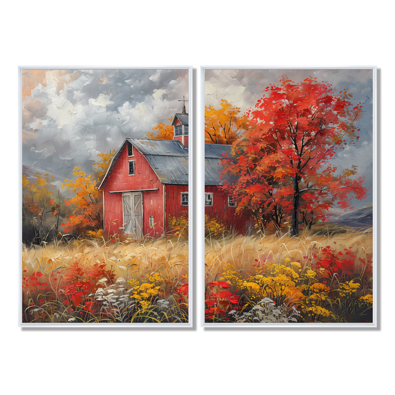 Autumn Red Barn Breeze I - Art mural traditionnel rouge 2 pièces, 36" H x 48" W, Impression encadrée flottante, White