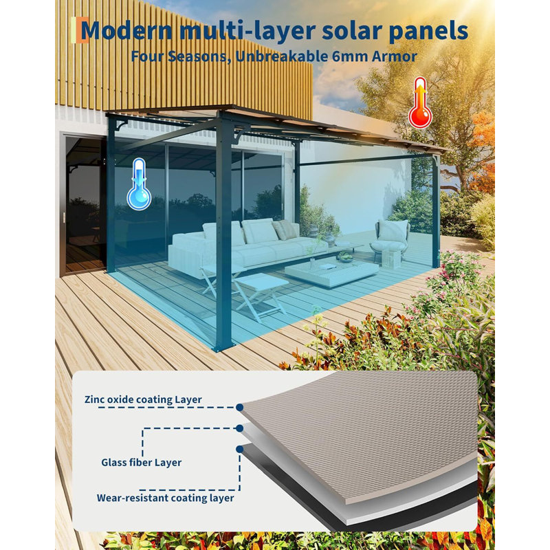 Pavillon de jardin mural 10 'x 14' | Toit en polycarbonate de 6 mm et cadre en aluminium renforcé | Pergola à toit rigide toutes saisons pour patio, terrasse, cour arrière