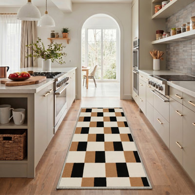 Tapis d'intérieur damier beige / brun / noir lavable à la machine à damier avec envers antidérapant