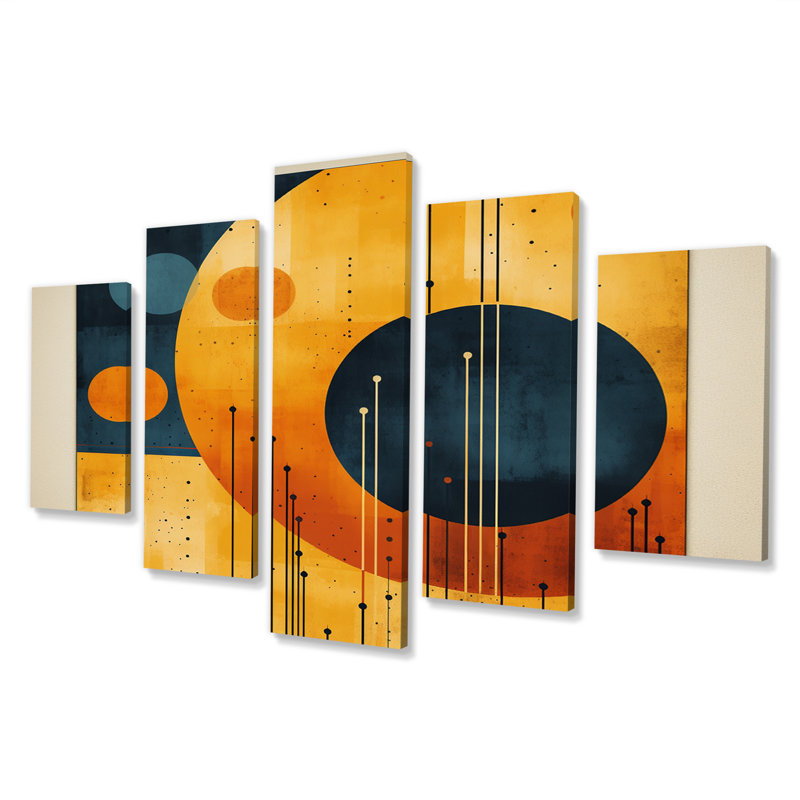 Midcentury Geometric Abstract In Retro Orange II - Modern Midcentury Canvas Wall Art - 5 Panels