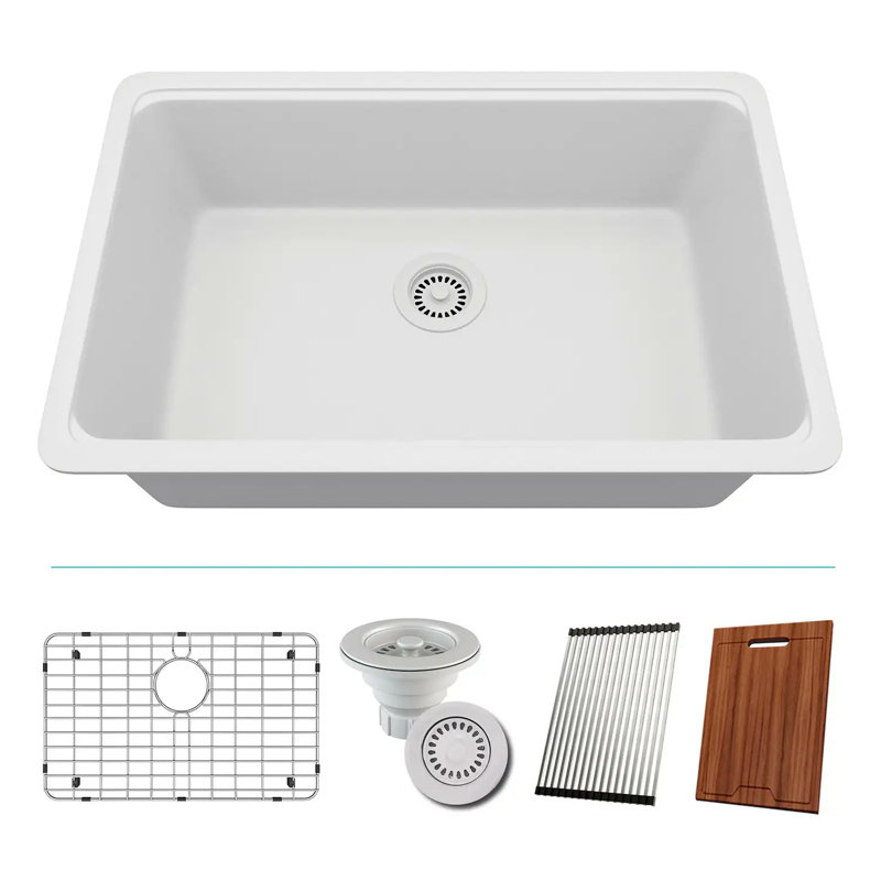Évier de cuisine encastré sous plan en composite de quartz platine 30 x 19 pouces, à une cuve, avec accessoires