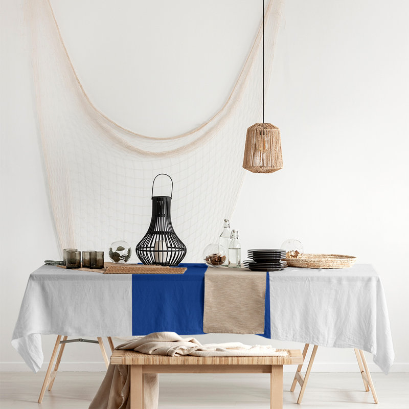 Striped Cotton Blend Tablecloth, Pittsburgh,White/Blue/White