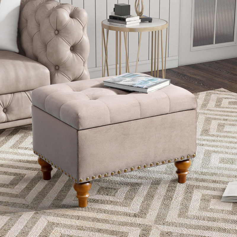 Ottoman storage bench, recessed support hinge top easy to open, rivet trim around, bedroom, entrance, living room, linen