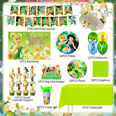 Décorations de fête d'anniversaire Tinkerbell, 112 pièces d'articles de fête Tinkerbell et ensemble de vaisselle pour enfants Tinkerbell