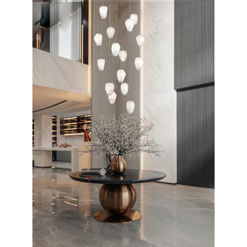 15-Light Chrome Chandelier With White Glass Pendants, Chrome