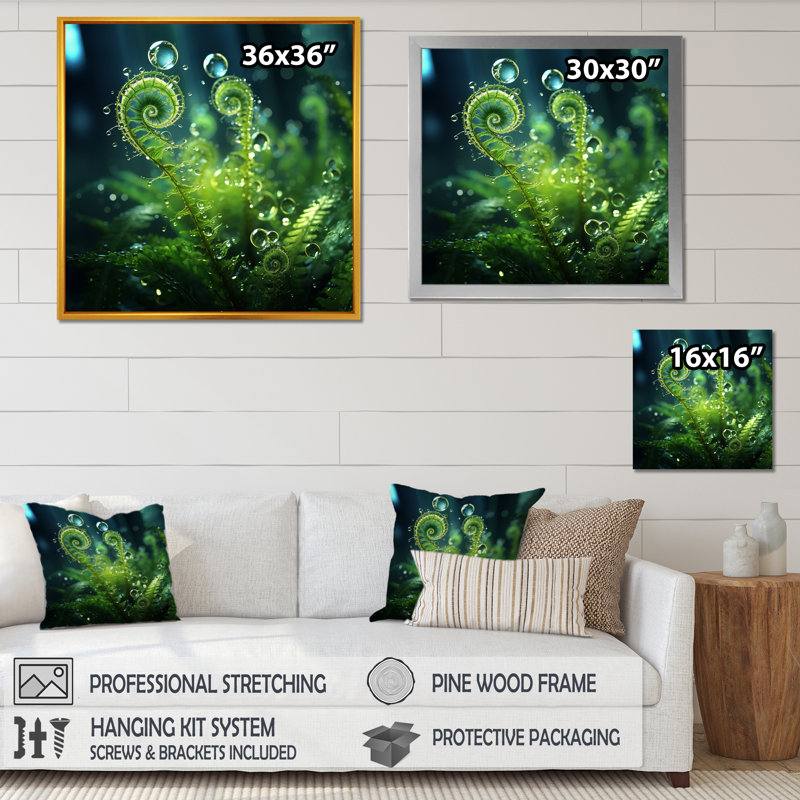 Magical Fern Light of Morning Dawn I sur impression sur toile, H 16 po x l 16 po x P 1 po, Cadre simple noir