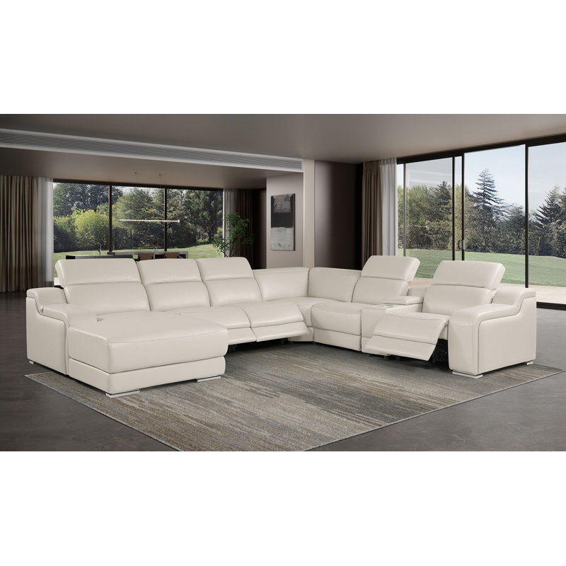 Canapé modulaire en forme de L crème en cuir italien de 7 pièces avec accoudoirs inclinables électriques et 3 appuis-tête réglables crème