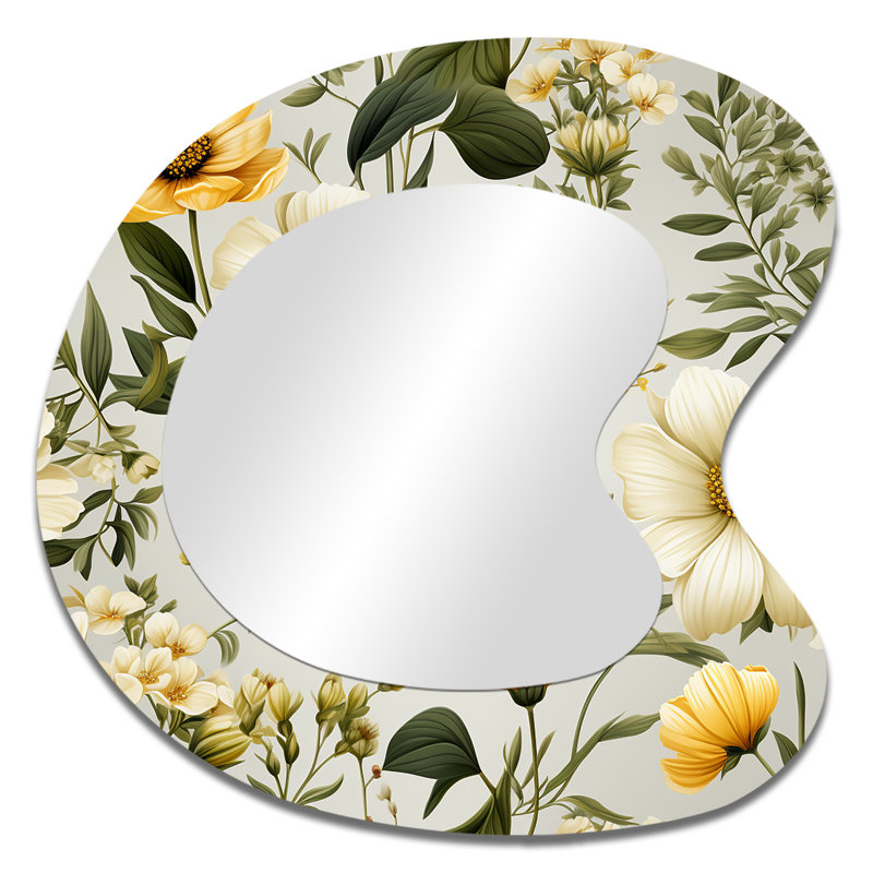 Botanical Neutrals Boho Pattern - Boho Asymmetrical Unique Wall Mirror, Bohemian Unique Shape Mirror, Printed Metal Art