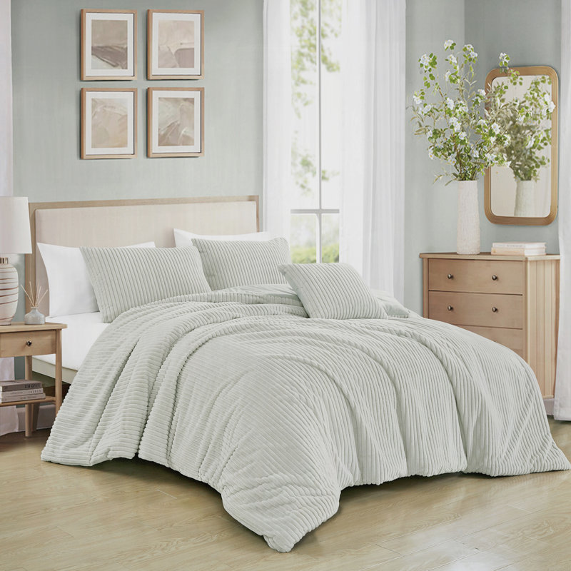 Ensemble d'édredon luxueux 4 pièces à nervures texturées, Édredon très grand et 3 pièces supplémentaires, Gris