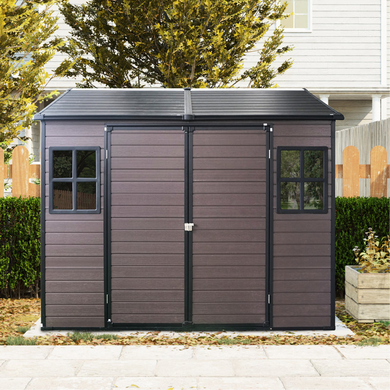 8X6 Ft Resin Shed For Patio, Backyard, Garden - Waterproof Floor, Two Windows, Lockable Door  Brown Outdoor Backyard, Brown