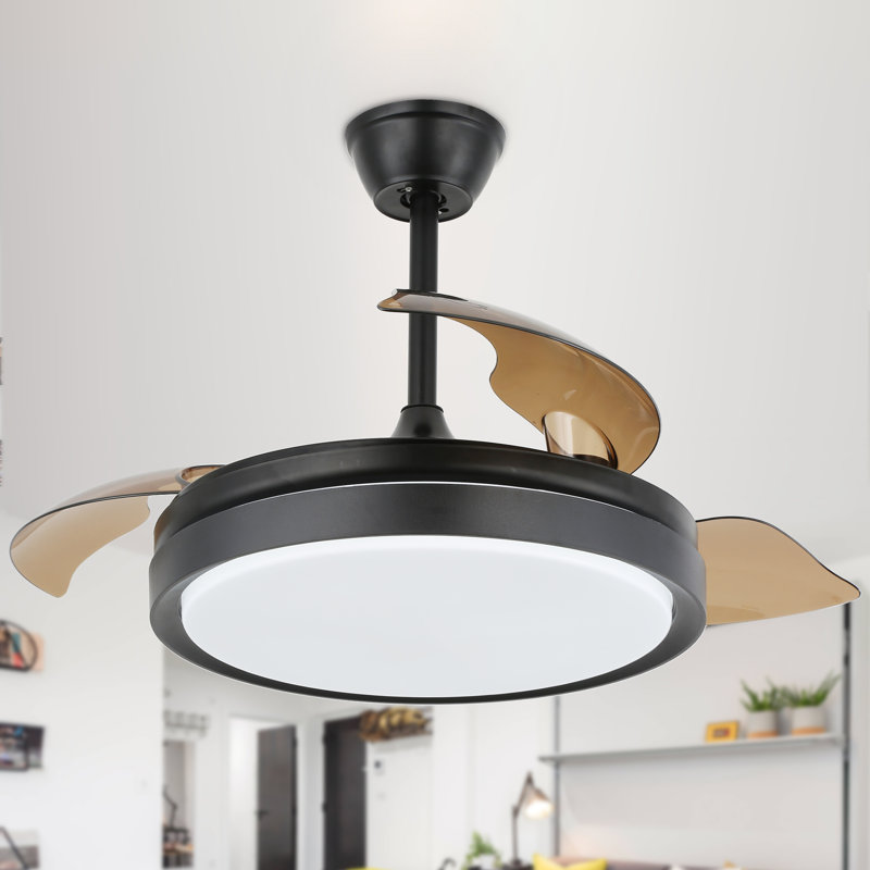 Aranjit 42" Modern Retractable Ceiling Fan with Light and Remote Control, 6 speeds Silent DC Motor Ceiling Fan, Black