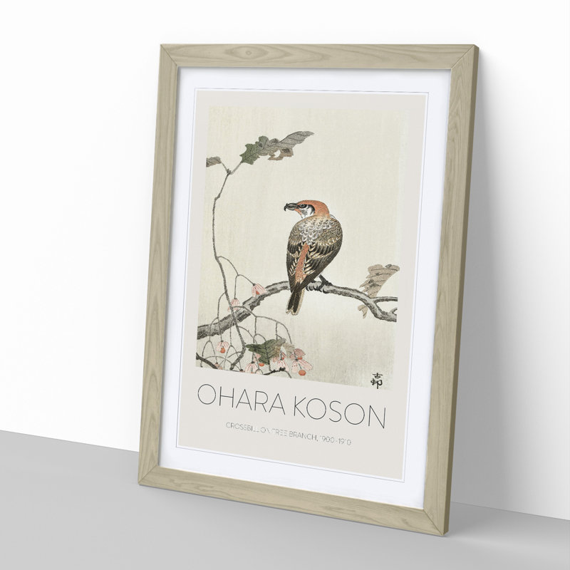 Crossbill On A Tree Branch by Ohara Koson - Single Picture Frame Print, 48cm H x 36cm W x 2cm D, Oak Framed