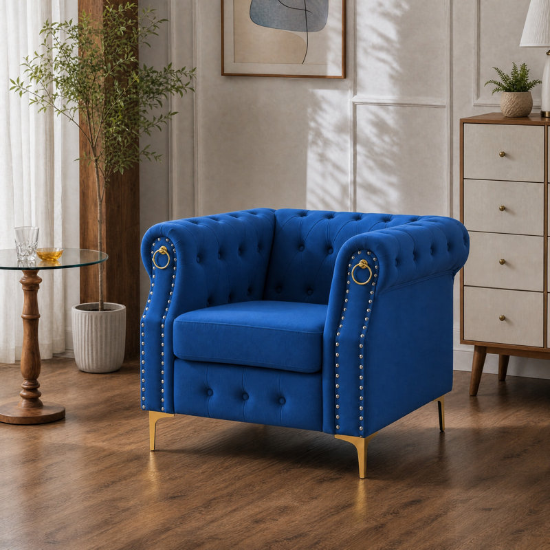 40.9" Velvet Chesterfield Chair, Blue