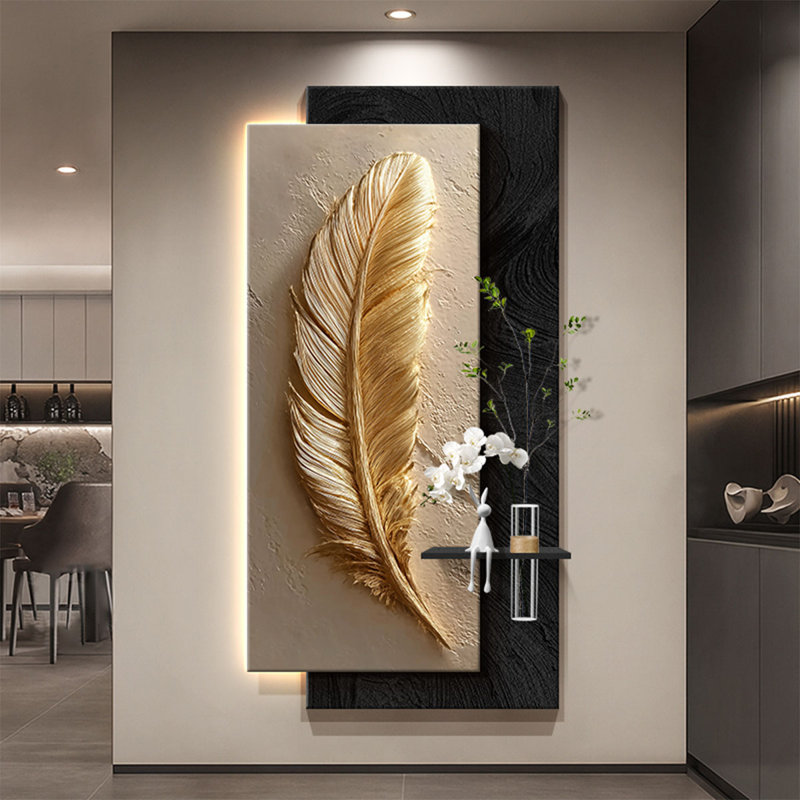 Murale moderne avec plantes en grès et plumes peintes, H 47,24 po x l 23,62 po x P 2,17 po, Noir; blanc; or