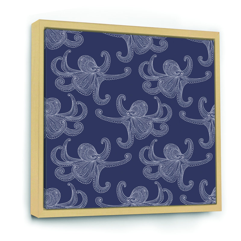 «White Octopus On Dark Blue», reproduction d'art sur toile, Cadre flottant en érable, H 36 po x l 36 po