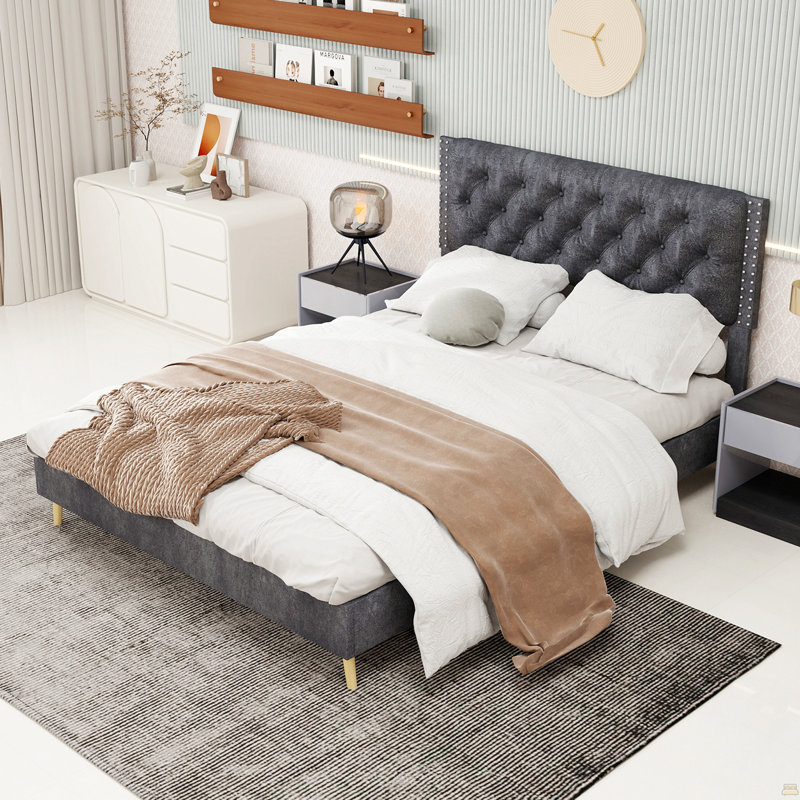 Lit tapissier en velours, Gris, Grand lit