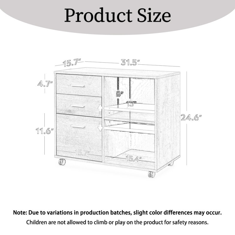 Classeur mobile avec 3 tiroirs et tablettes ouvertes, classeur latéral en bois, support pour imprimante pour bureau personnel