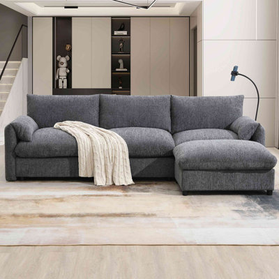 L-Shaped Sectional Sofa With Storage Ottoman And Pockets, Adjustable Phone Holder, USB Charger, Elephant Ear-Shaped Armrests, Comfy Seat, Chenille