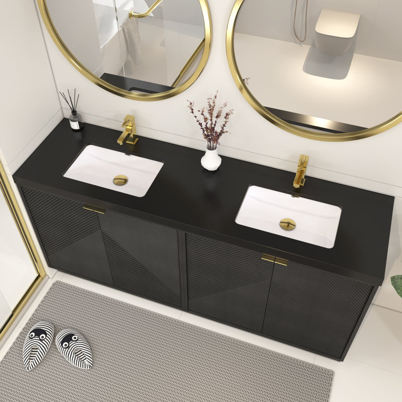 Ensemble de meuble-lavabo autoportant 70,8 po Monterey + double lavabo en acrylique noir renforcé, Noir