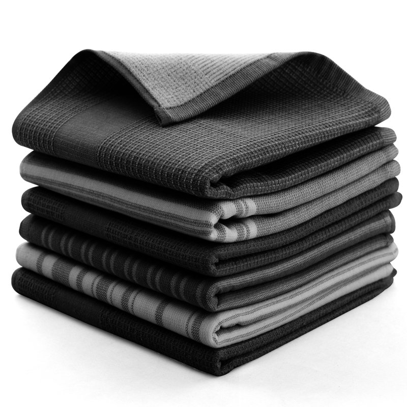 Lux Decor Cotton Waffle Dish Cloth Stripe Kitchen Towel (Set of 6), Black