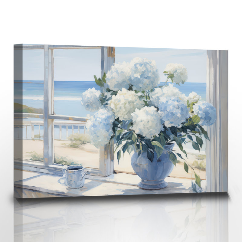 Fleur rustique, art mural, fenêtre, paysage marin, bord de mer, paysage, peinture, hortensia blanc, impressions sur toile