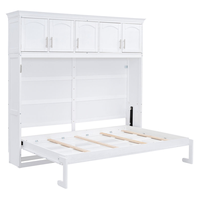 Grand lit mural en blanc, option d'espace pour la gymnastique à domicile, construction avec lit blanc en contreplaqué, chambre d'amis Solution, absorption des lattes flexibles