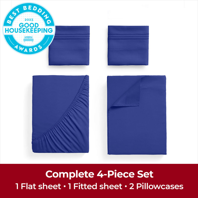 Ensemble de draps Mellanni 1800 avec drap-housse bleu royal, Ensemble de draps pour grand lit avec 2 taies d'or