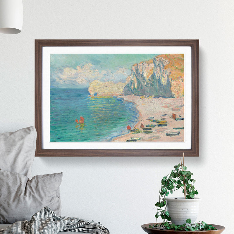 Beach and the Falaise D'Amont by Claude Monet - Picture Frame Painting, Walnut Framed, 48cm H x 65cm W x 2cm D