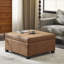 Banc de rangement rembourré 35 po carré en similicuir brun avec revêtement gaufré et pieds en bois de bouleau pour le salon et le bureau