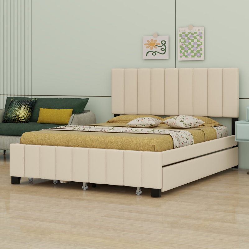 Upholstered Platform Bed With 2 Drawers And Trundle, Beige