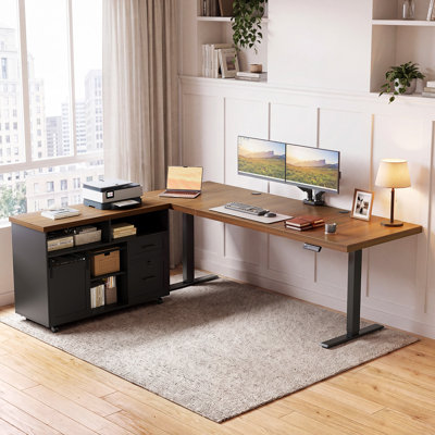 Bureau assis-debout électrique en L Sterling Executive avec caisson mobile, bureau réglable en hauteur avec rangements modulaires et système de gestion des câbles
