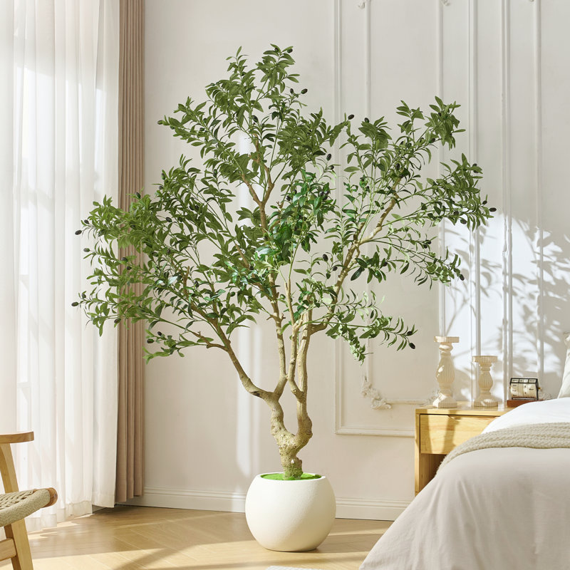 Arbre d'olivier artificiel de 7 pi avec feuilles et olives réalistes, faux arbre méditerranéen en pot blanc pour le salon, le vestibule ou la décoration intérieure