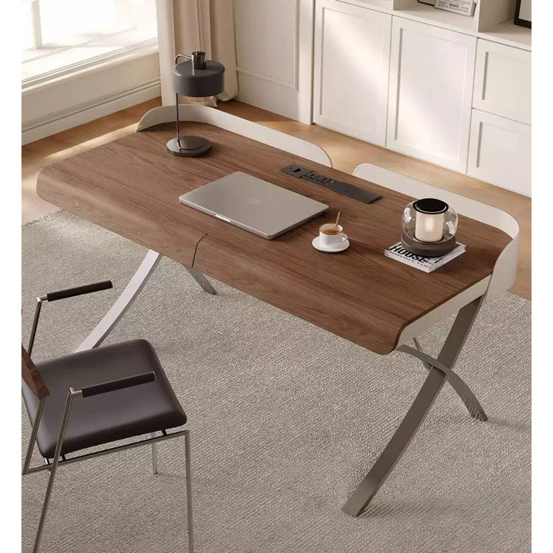 Bureau moderne en noyer avec pieds croisés en acier inoxydable, 33.86" H x 47.24" W x 27.56" D, Brun / Argenté