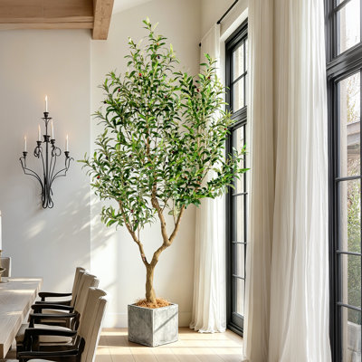 7FT Artificial Olive Tree with White Planter, Lifelike Faux Olive Tree with Realistic Leaves and Fruit, Tall Indoor Floor Plant for Living Room Entryway Office Home Decor