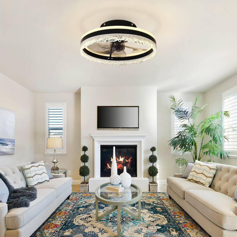  Modern Flush Mount Ceiling Fan With LED Light & Remote, Crystal, Black, White Ceiling Fan, 15.7" Wide