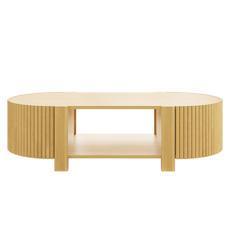 Table basse ovale cannelée avec rangement pour le salon, bois d'hévéa massif, 1 tablette et 2 portes de rangement ouvertes, 47 po