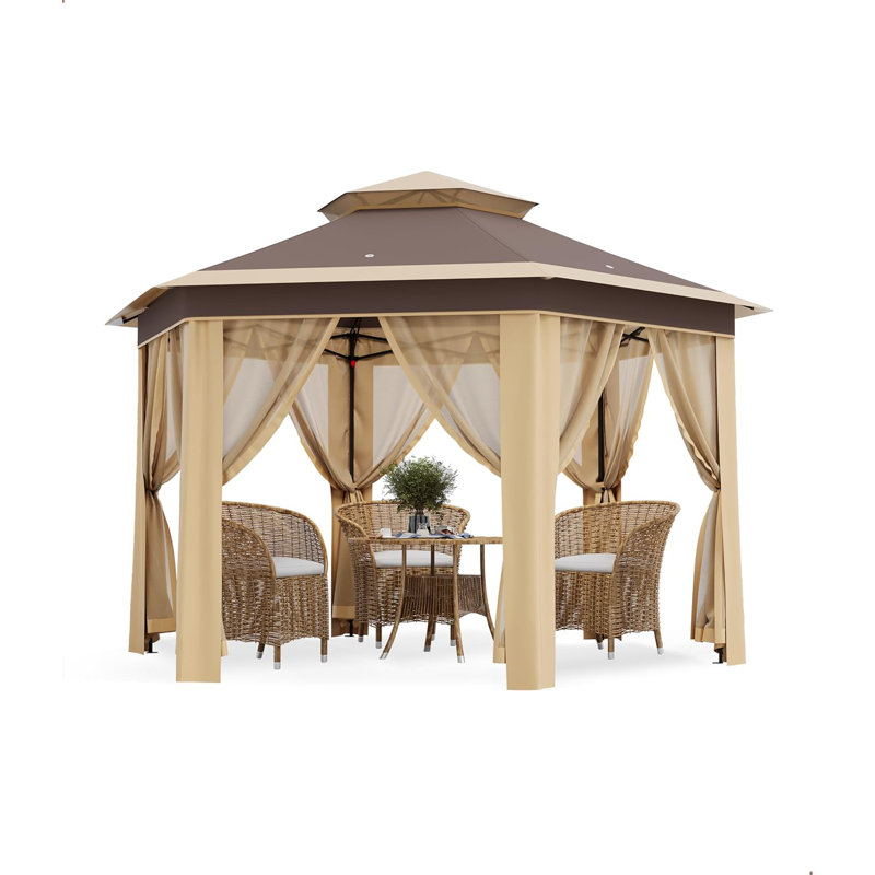 13 X 13 Ft Pop Up Hexagonal Gazebo, Outdoor Canopy Shelter, Pop Up Gazebos Tent With Netting And Strong Steel Frame, Brown