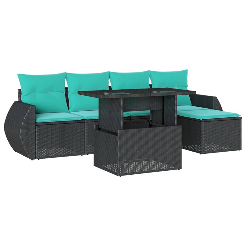Ensemble de canapé de patio 6 pièces avec coussins en rotin de polyester, Bleu clair, Noir